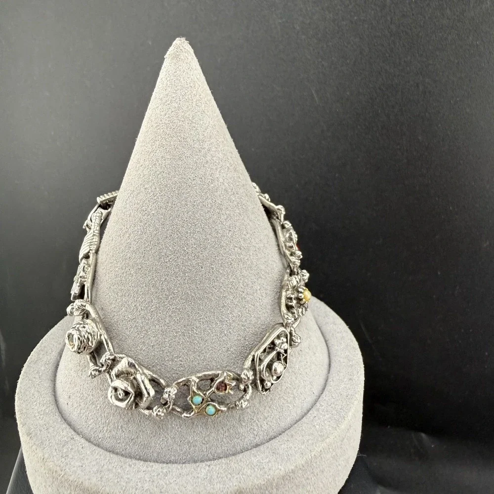 Vintage Goldette Bracelet Silver Tone Mixed Accents Floral Bee 7in